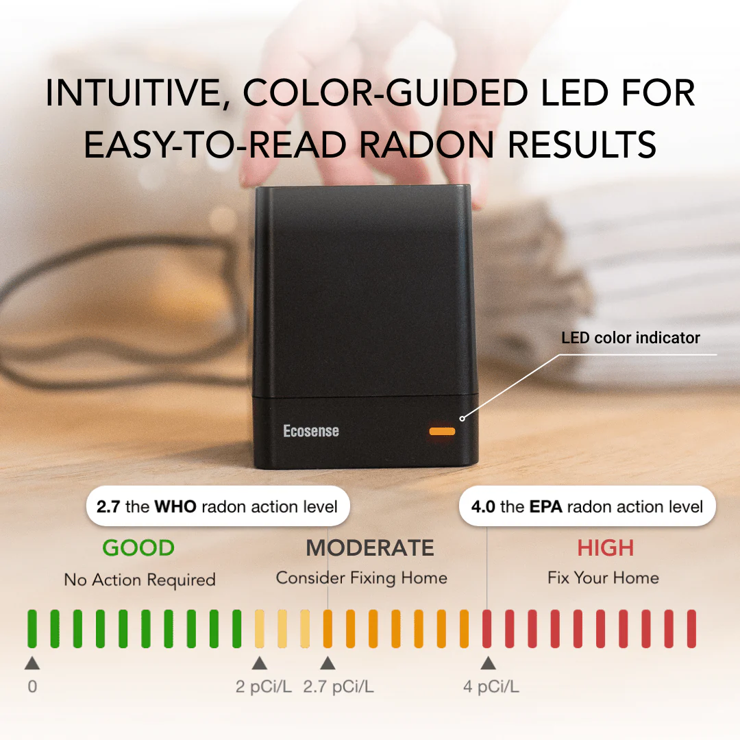 EcoQube features an intuitive color-guided LED for easy-to-read radon levels